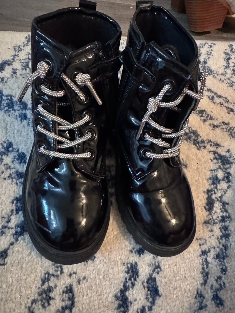 Rachel Zoe Black Patent Kids Lace-Up Boots with Silver Rope Laces